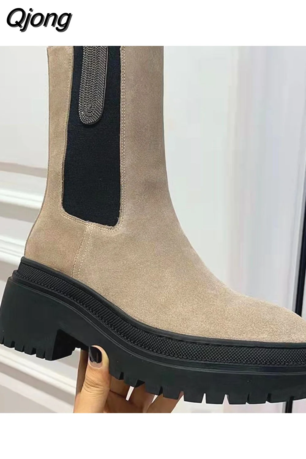 Qjong Thick Sole Square Heel Short Boots Women Suede Leather Chelsea Boots Woman Chain Decor Motorcycle Boots Women Shoes