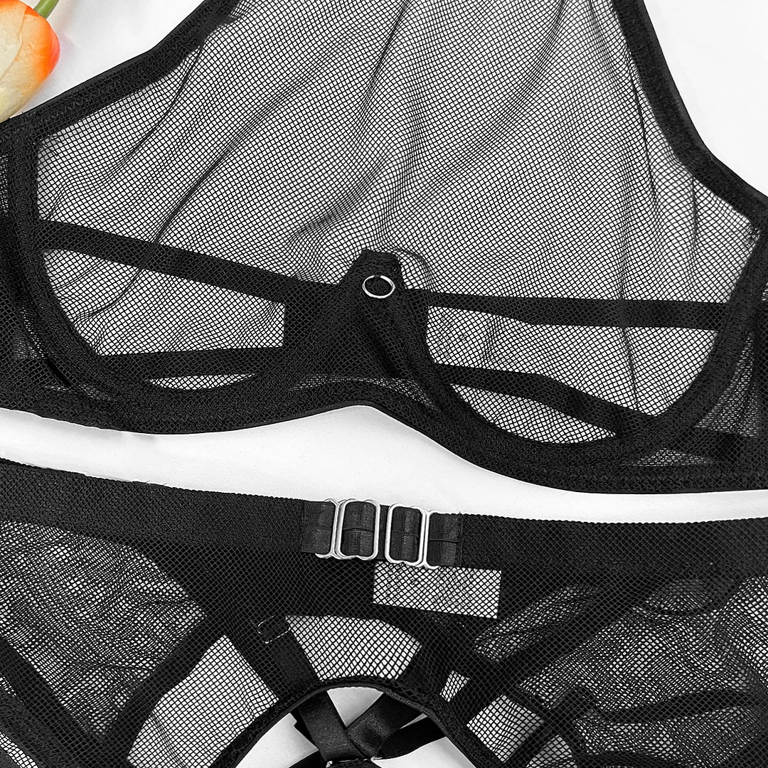 Billionm Halter Bandage Lingerie Women Sexy Black Underwear Intimate See Through Push Up Bra and Panty with Garter Bralette Under Wear