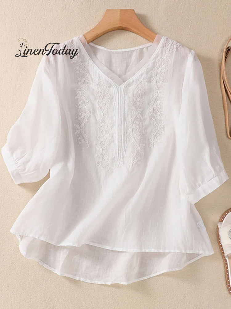 Women’s Vintage Embroidered Cotton And Linen Top White / M