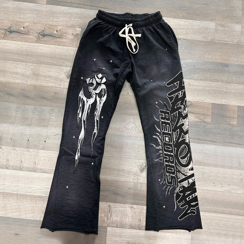 Stylish Street Vintage Records Flame Print Flared Sweats Trousers