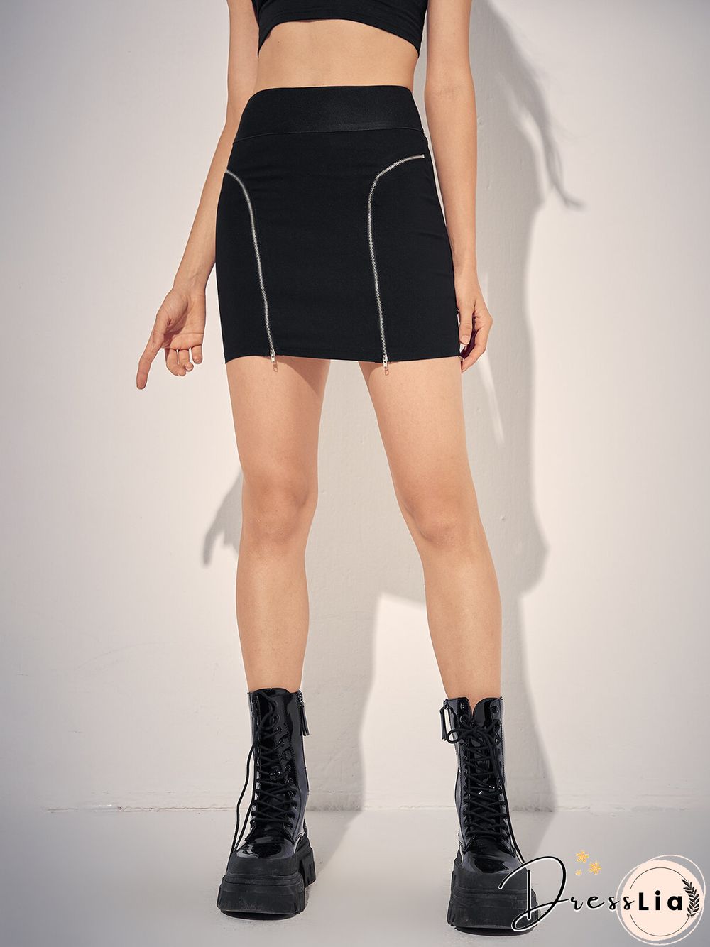 Solid Double Zip Front Mini Skirt For Women
