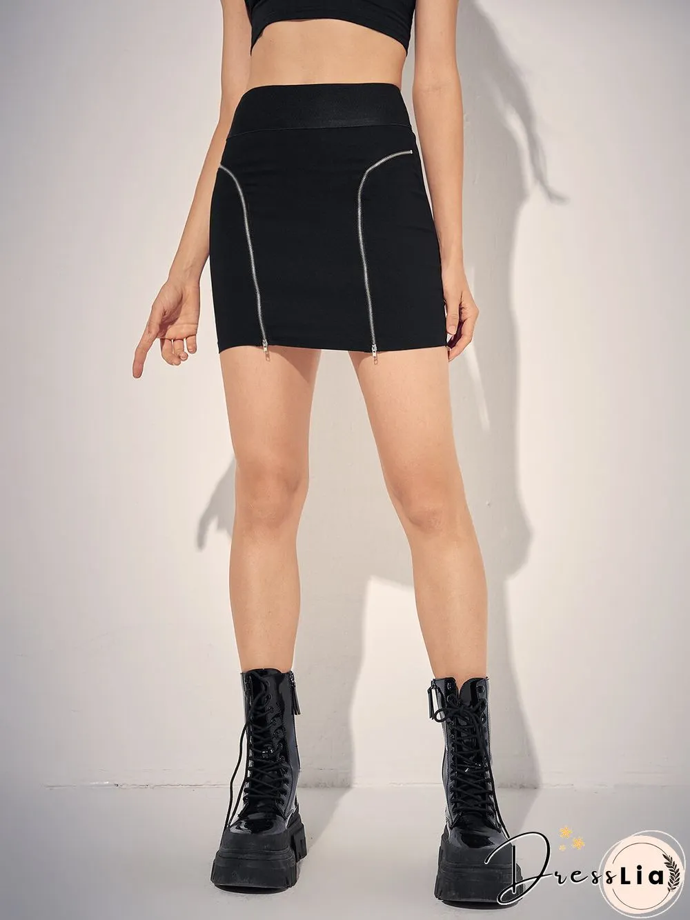 Solid Double Zip Front Mini Skirt For Women