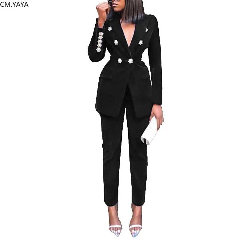 Autumn Winter Tracksuit Notched Full Sleeve Blazers Pants Suit Two Piece Casual Office Lady Outfit Solid Women Set Uniform 1230