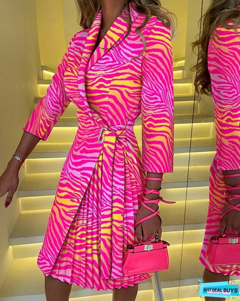 Spring and Autumn New V-neck Fashion Tie Waist Pleated Stitching Half Sleeve Dress