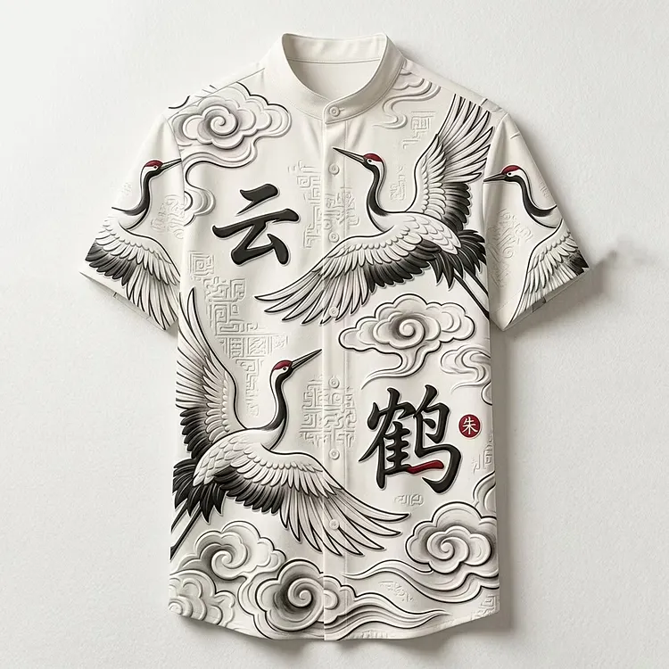 Men's Crane Cloud Chinese Style Art Print Casual Shirt