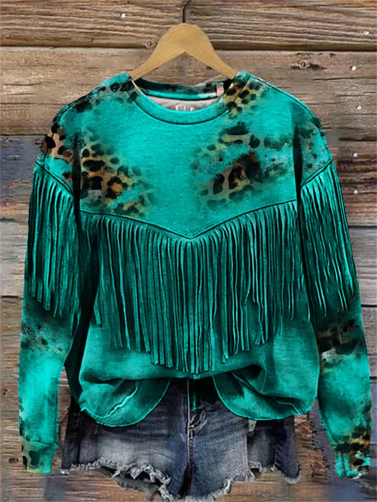 Western Turquoise Leopard Cowhide Leather Art Sweatshirt