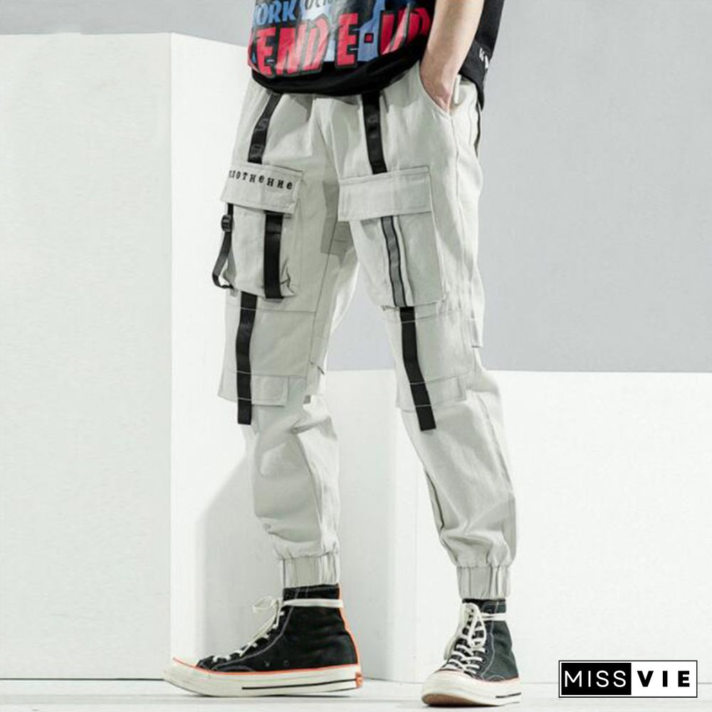 Men's Tech Style Decorative Webbing Multi-Pocket Trousers