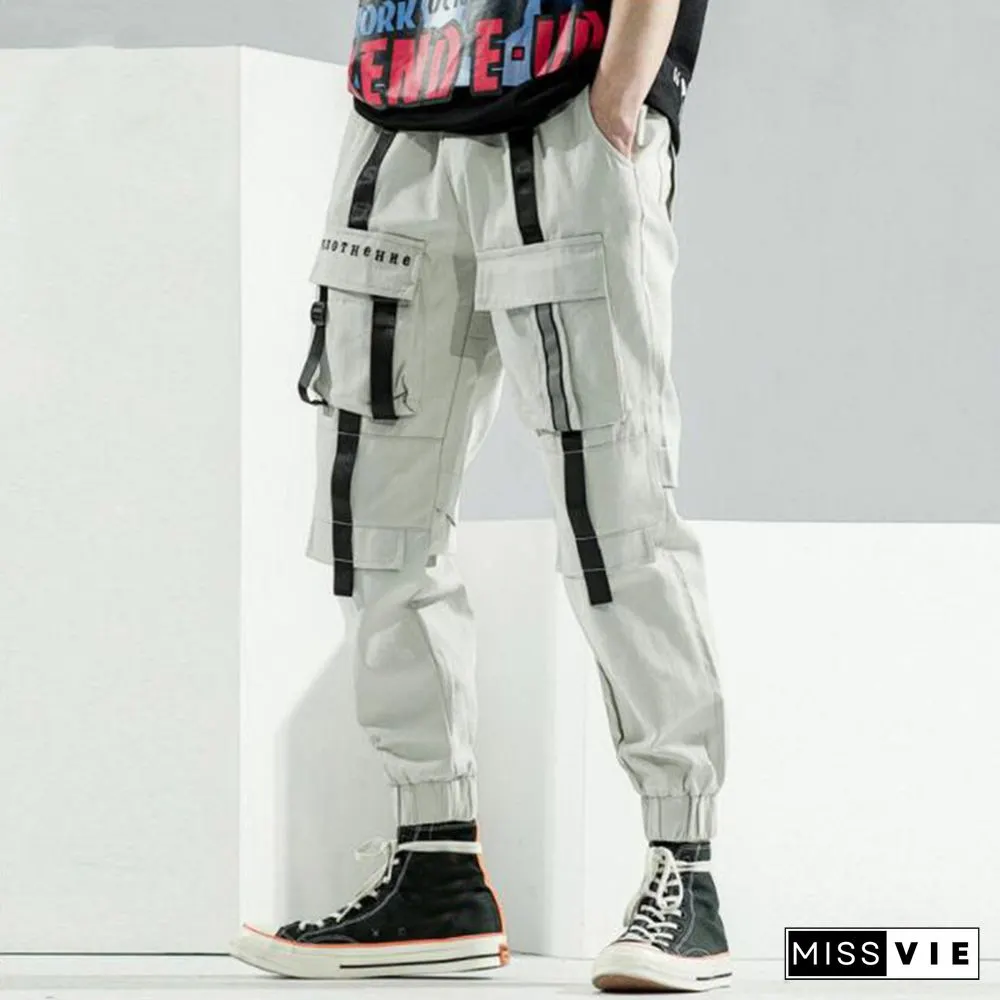 Men's Tech Style Decorative Webbing Multi-Pocket Trousers