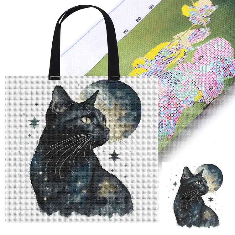 11CT Black Cat Cross Stitch Canvas Tote Bag DIY Sewing Bag for Friends 40x40cm gbfke