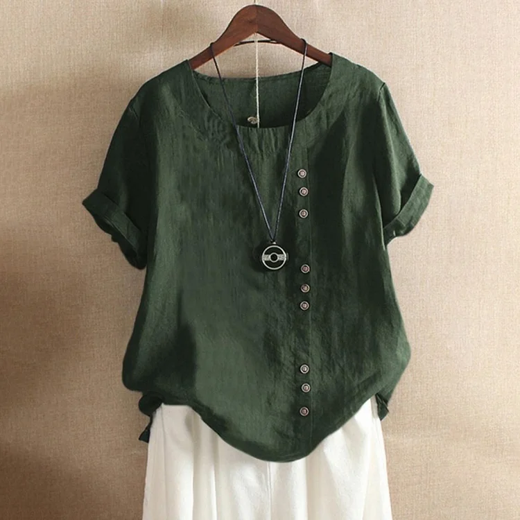 Round Neck Solid Color Buttons Short Sleeves T-shirt