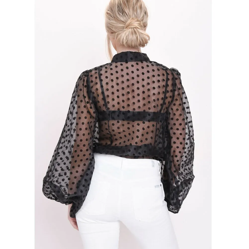 Women Polka Dot Retro Blouse Lady Early Autumn Modern Mesh Shirt See-through Loose Button  Puff Sleeve Blouse High Street Tops