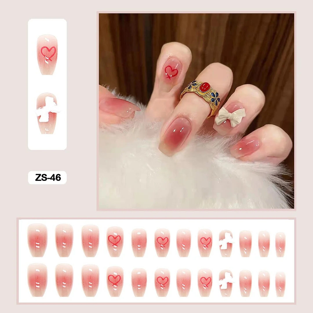 24pcs Artificial Diamond Gradient Fake Nails With Glue Lovely Pink Flesh-colored Nail Art Fake Nails Long With Wearing Tools-Nail Inspo