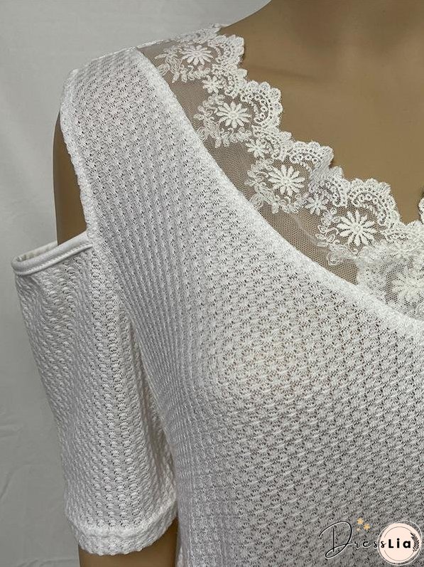 Basic Stitching V-neck Off-shoulder Short-sleeved Top