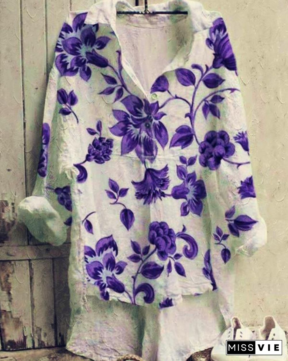 Lapel Printed Long-sleeved Shirt