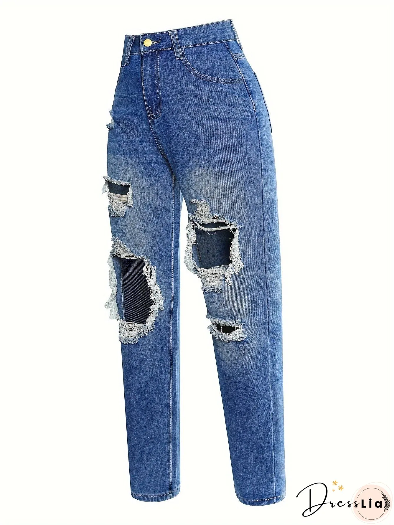 Blue Ripped Straight Jeans Slash Pockets High Waist Distressed Denim Pants Womens Clothing