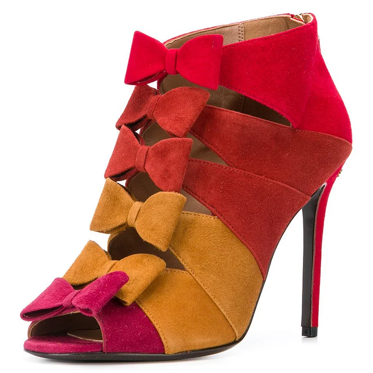 Multicolor Vegan Suede Peep Toe Booties Cut-Out Heeled Bow Boots |FSJ Shoes