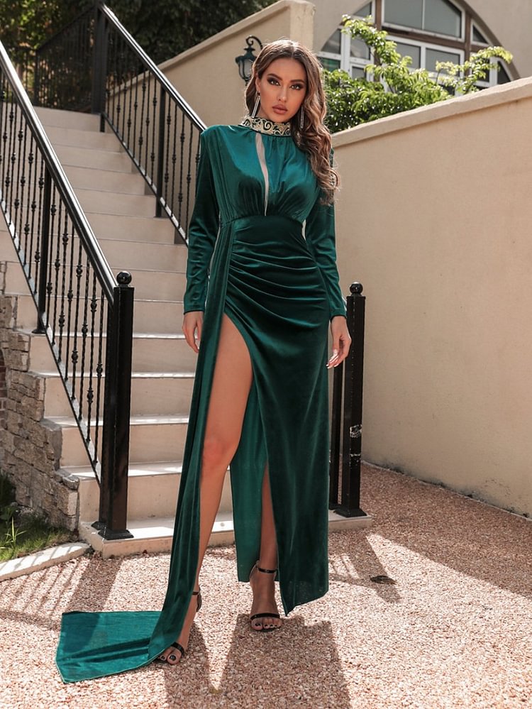 Promsstyle Promsstyle Velour high collar deep slit ruching elegant evening dress Prom Dress 2023