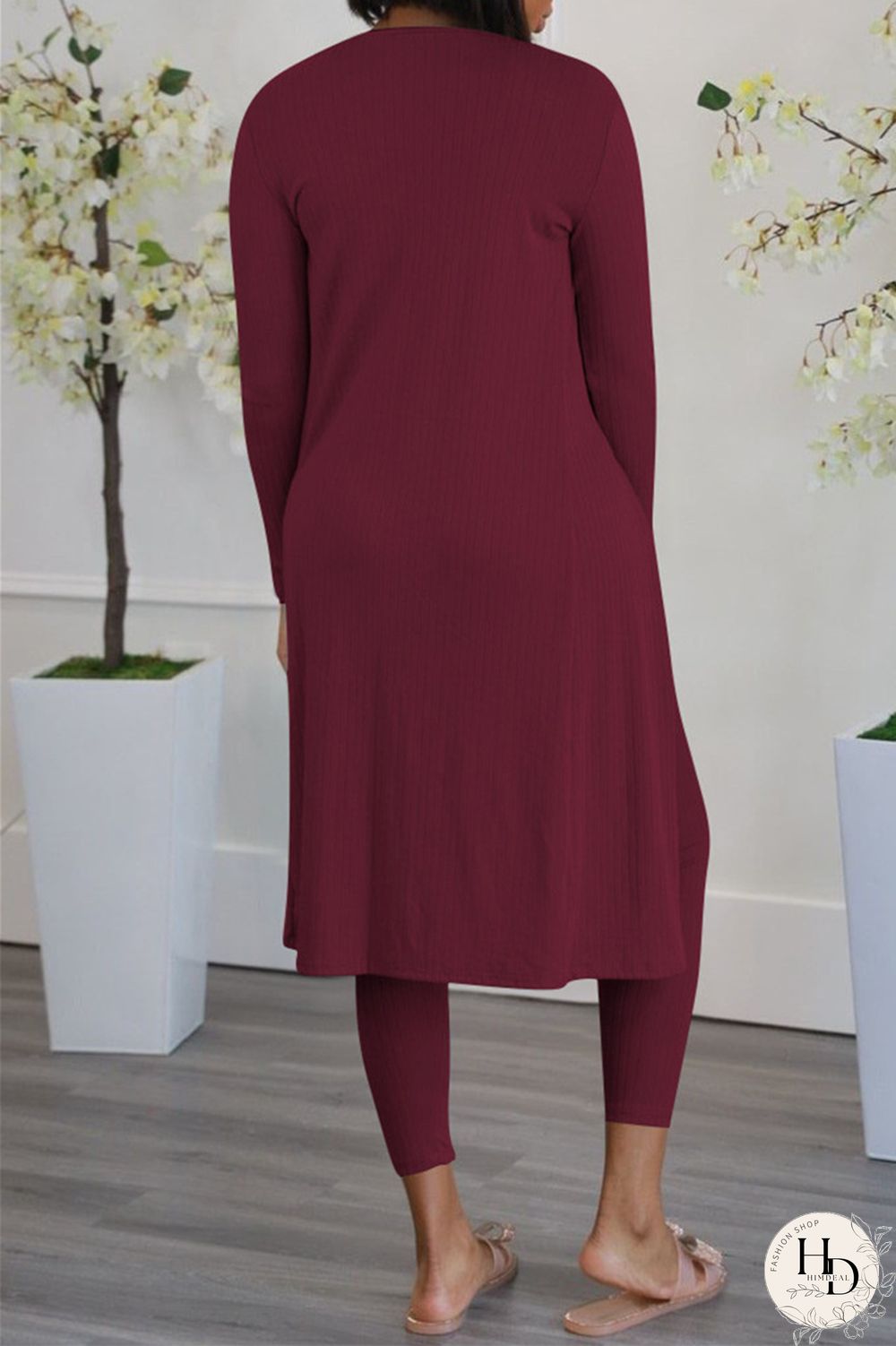 Burgundy Fashion Casual Solid Cardigan Vests Pants U Neck Long Sleeve Three-piece Set
