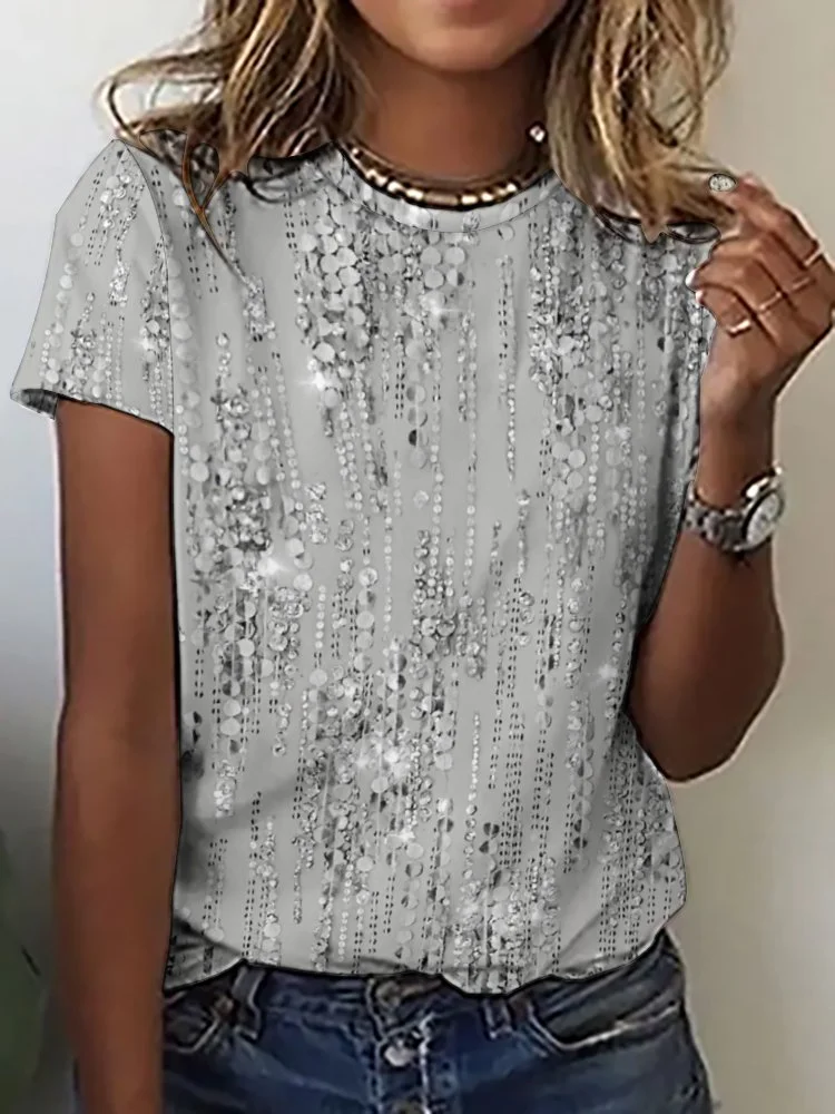 Printed Short Sleeve Casual T-shirt for  Women and Men Unisex Pattern Glitter, Silver