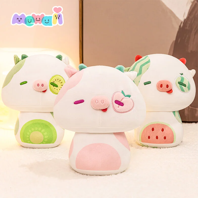 3-Pack Mewaii® Mushroom Family Kiwi Cow,Peach Cow & Melody Cow Kawaii Plush Pillow Squish Toy
