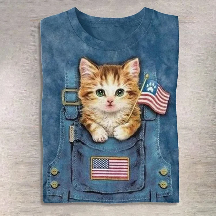 Women's Cute Funny Pocket Cat American Flag Color Art Print Casual Short Sleeve T-shirt