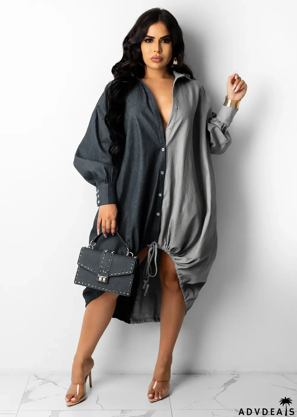 Casual Loose Long Sleeve Drawstring Shirt Dress