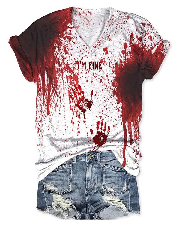 Women Halloween Humor Funny Bloodstained Print V-Neck Short Sleeve T-Shirt