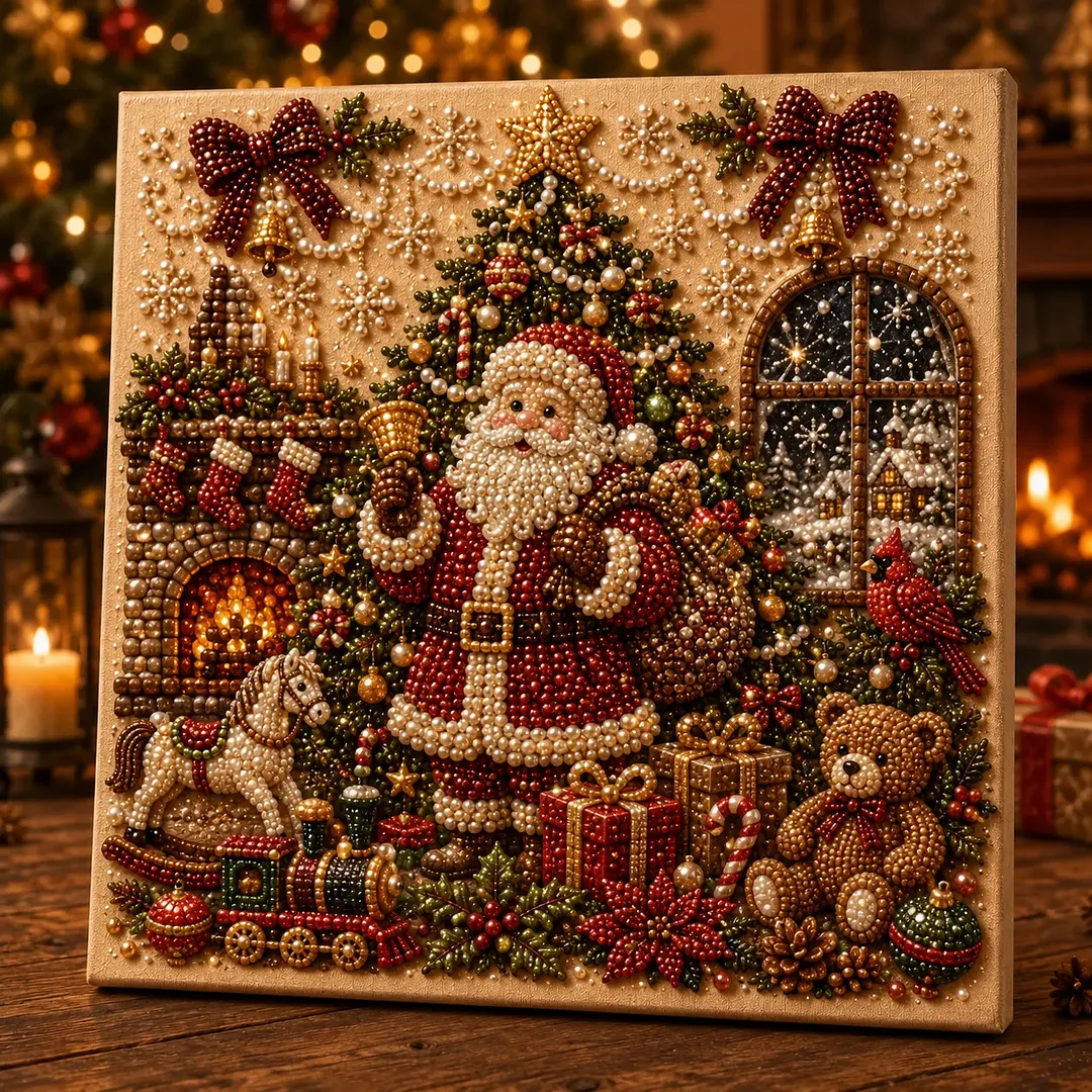 LSAT DAY 75% OFF 🎄🎅 Premium 3D Pearl Christmas Wall Art Kit | Luxury Flocked Canvas with Scratch-Resistant Non-Fading Pearl Beads DIY Holiday Decor ⛄️❄️