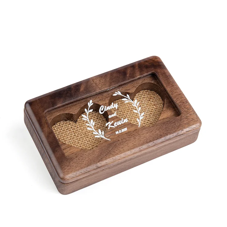 Personalized Double Heart Wooden Ring Box for Wedding