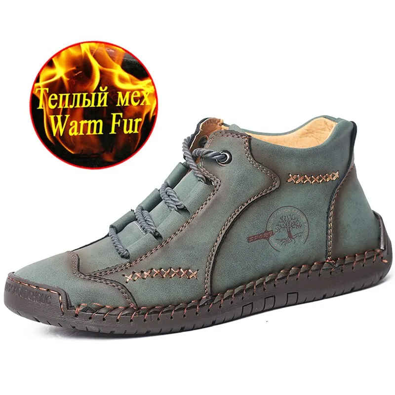 Winter Warm Boots Men's Leather Waterproof Ankle Boots Fashion Warm Fur Men's Snow Boots Outdoor Non-slip Men's Motorcycle Boots