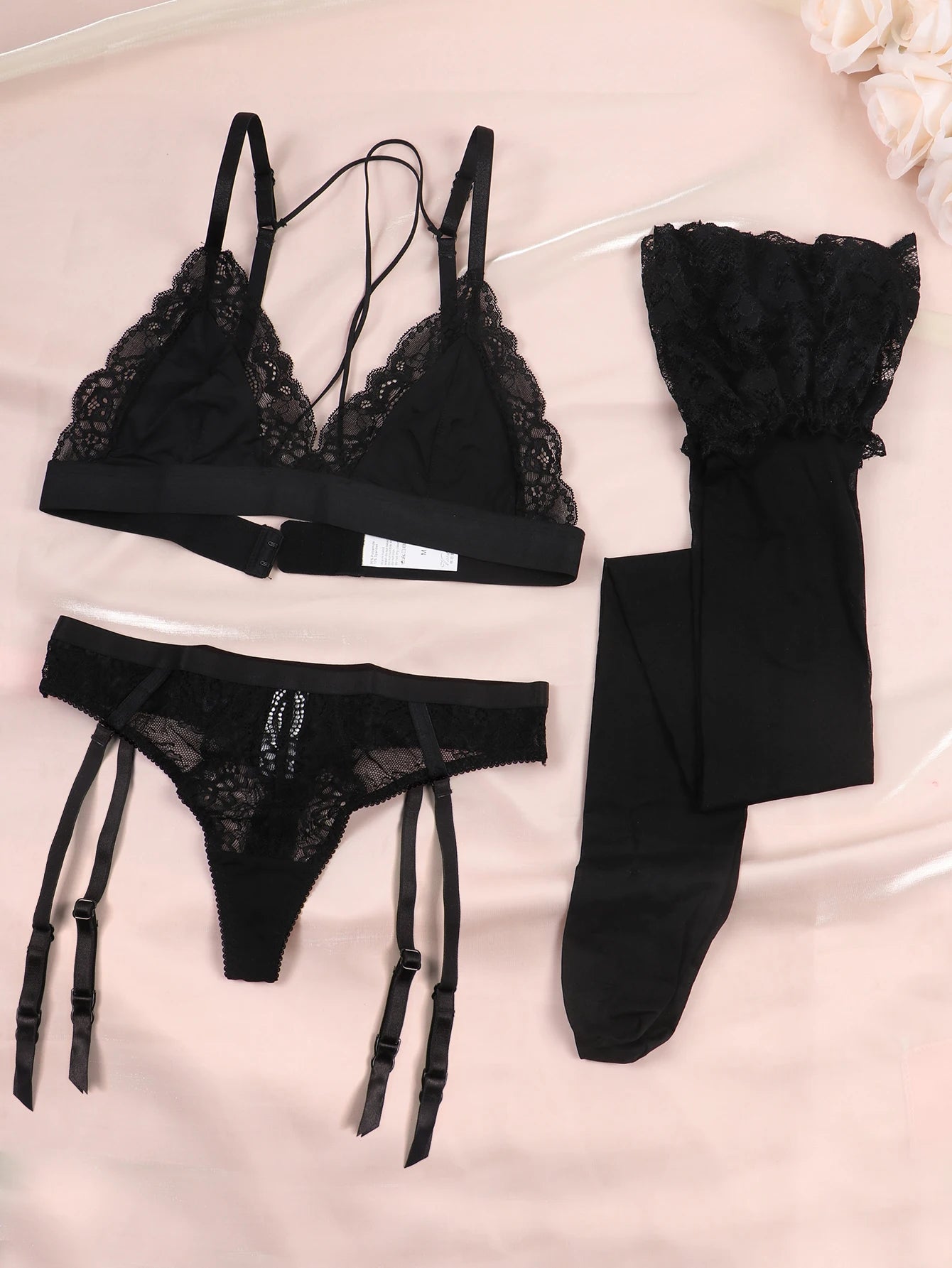 Varsbaby Lace Bra Sets for Women Non-padded Bra + Panty Garter + Stockings 3pcs Summer Underwear Lingerie LANFUBEISI