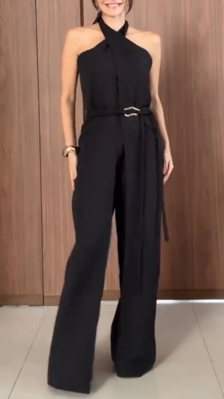 Women's Halter Neck Fake Two Piece Casual Jumpsuit