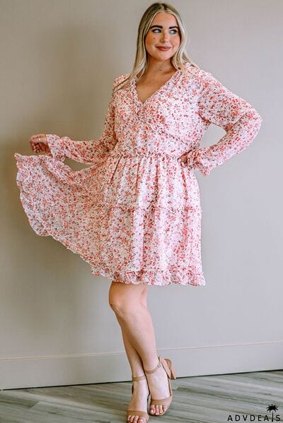Plus Size Floral V-Neck Frill Long Sleeve Dress