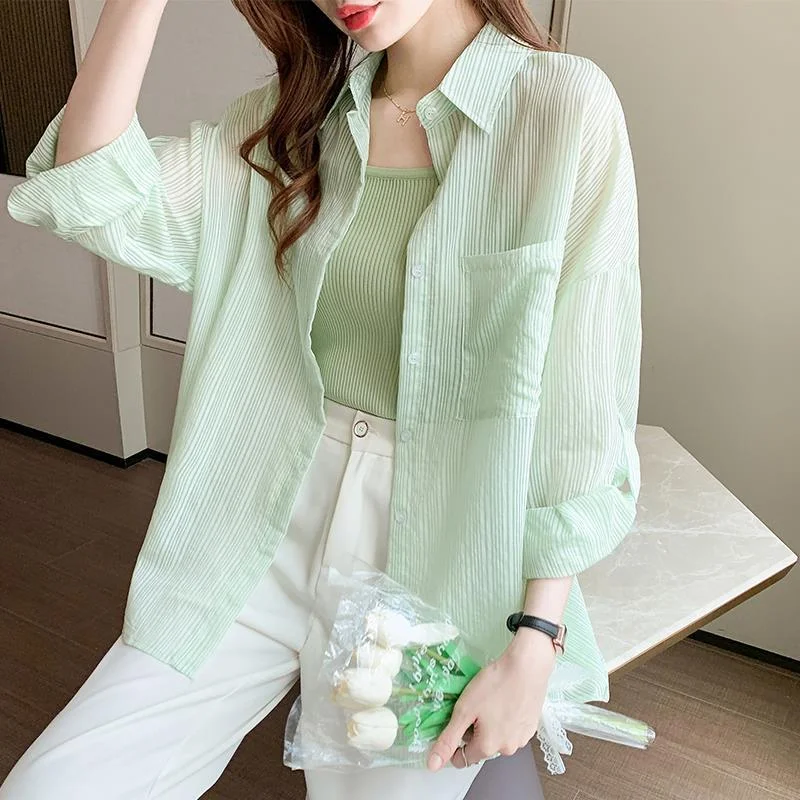 Uveng Uveng Striped Sunscreen Women's Spring And Summer 2025 New Thin Thin Chiffon Shirt Mid-Long Open Shirt Jacket