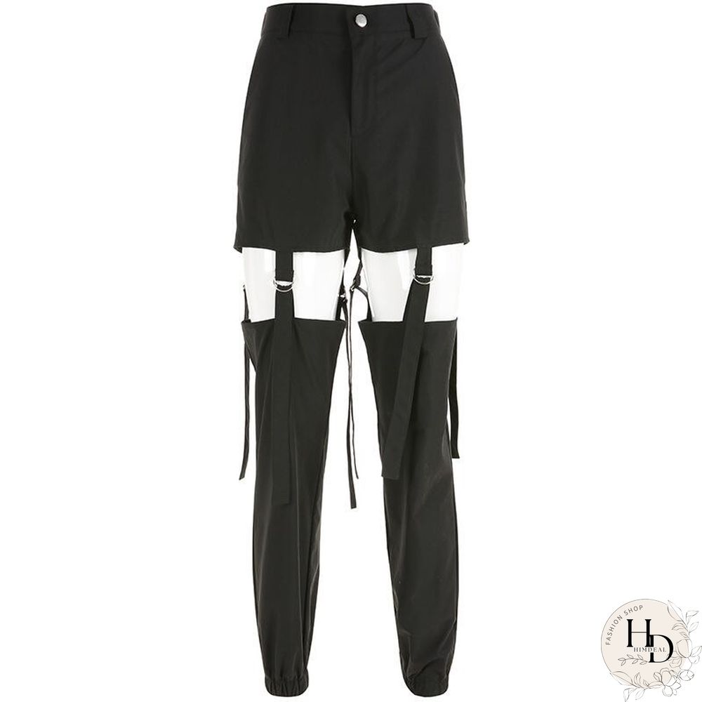 Harajuku Pants Fashion Hollow Out High WaistCargo Women Elastic Solid Black TrousersNew