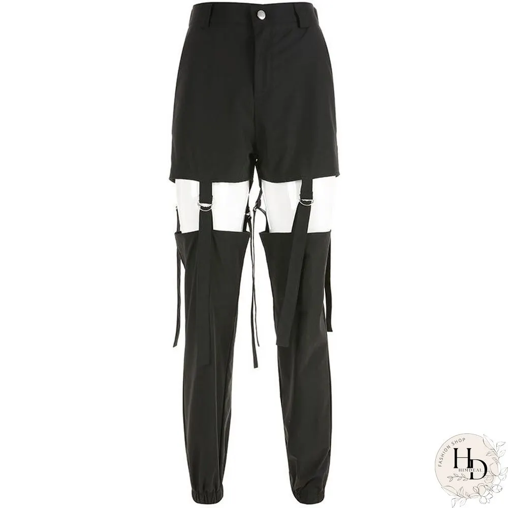 Harajuku Pants Fashion Hollow Out High WaistCargo Women Elastic Solid Black TrousersNew