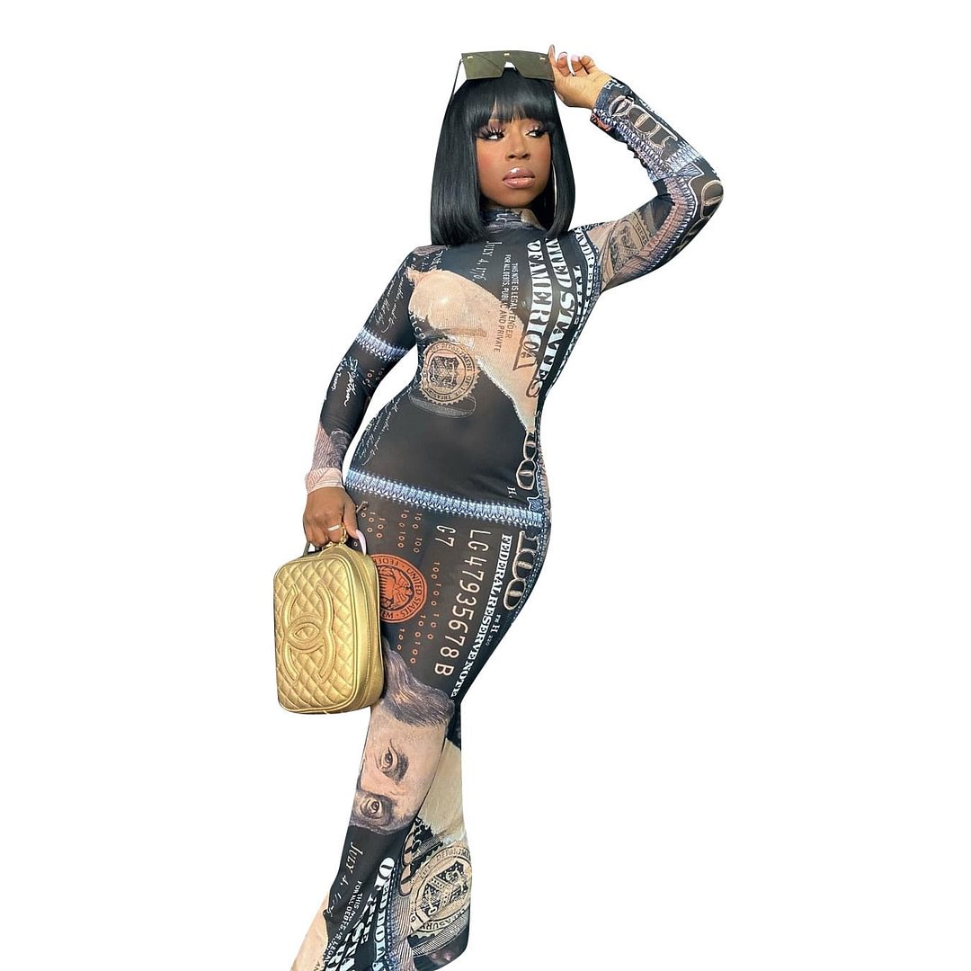 ANJAMANOR Rich Money Print Sheer Mesh Bodycon Dresses for Women Party Club Wear Sexy Long Sleeve Maxi Dress D90-CB18