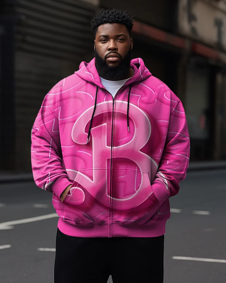 Men's Plus Size Casual Pink Artistic B Letter Zip Hoodie