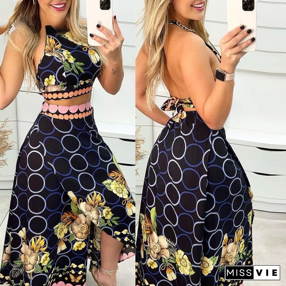 New Ladies Casual Floral Print Halter Neck Lace Short Top + High Slit Skirt Long Skirt Suit