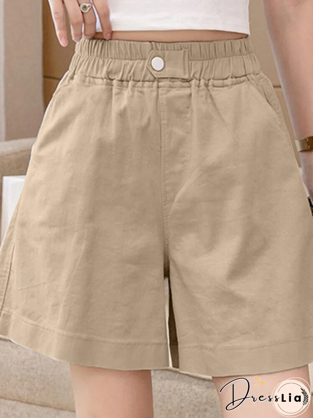 Solid Elastic Waist Button Pocket Casual Shorts