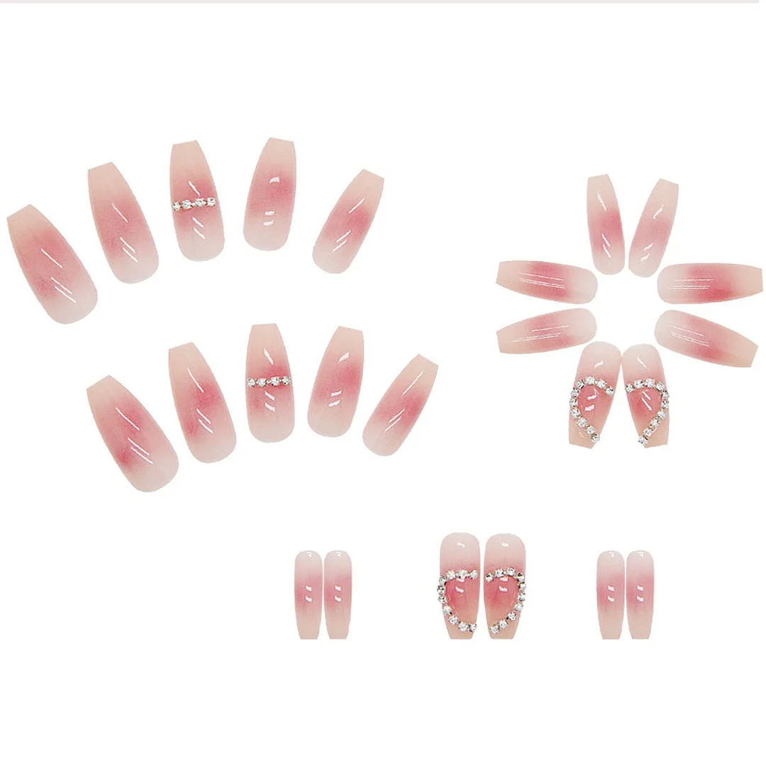 24pcs Artificial Diamond Gradient Fake Nails With Glue Lovely Pink Flesh-colored Nail Art Fake Nails Long With Wearing Tools-Nail Inspo