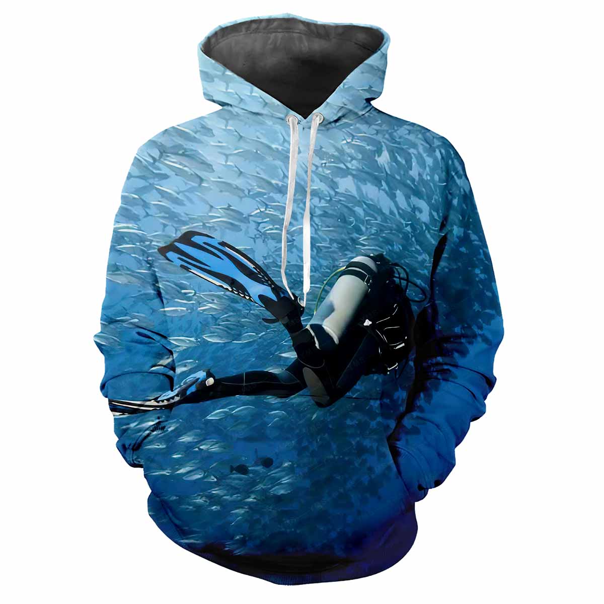 Cotton Tshirt Fashionable men's hoodie diving print pattern digital printing casual long sleeved hooded thick fabric top t -shirt Tee