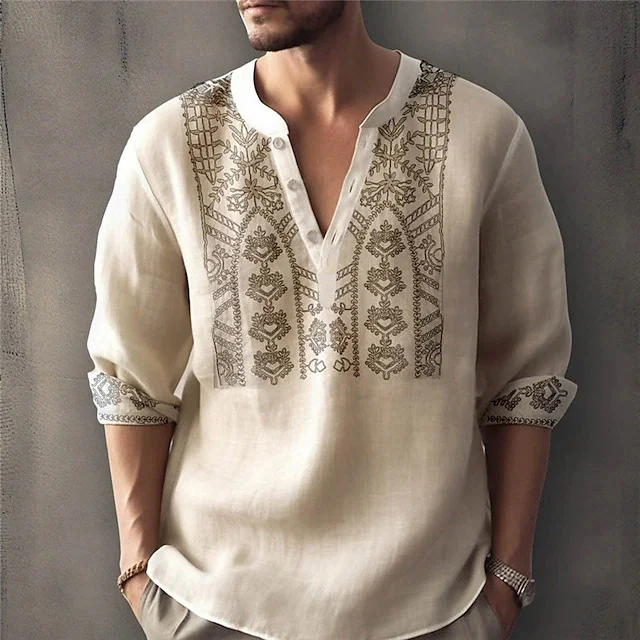 Casual Small V Neck Leaves Pattern Long Sleeve Loose Shirt