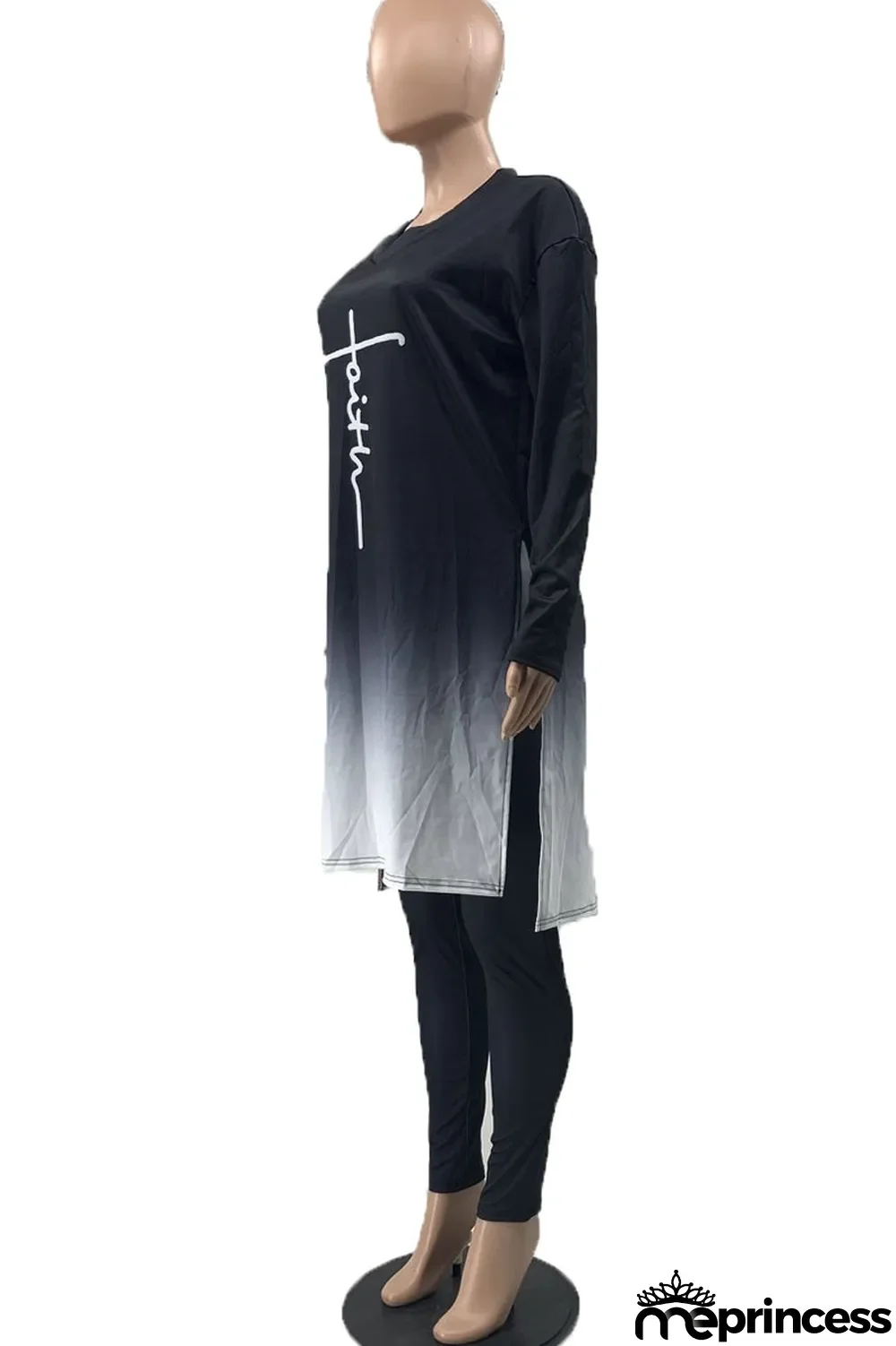 Red Fashion Casual Gradual Change Print Patchwork Slit V Neck Long Sleeve Two Pieces