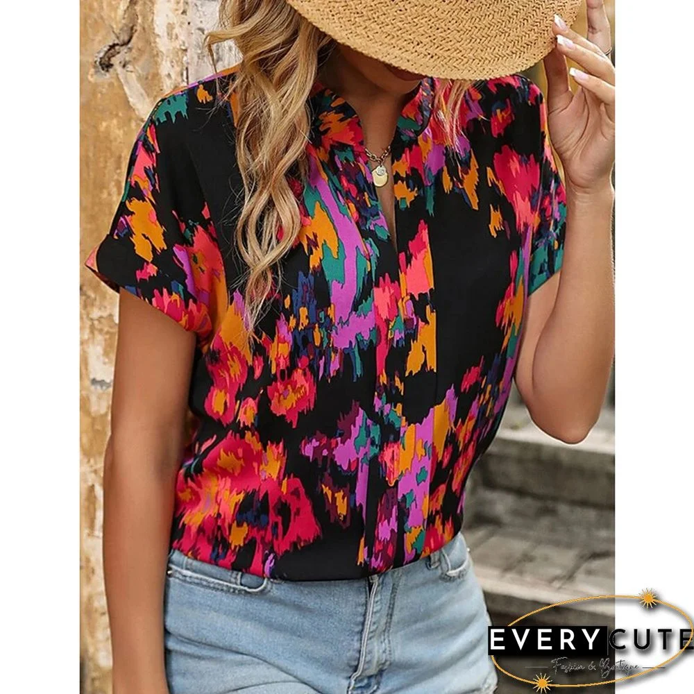 Red Multicolor Floral Printed Short Sleeve Top