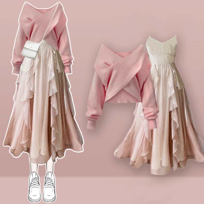 Cross Knit Sweater Flouncing A-line Slip Dress Two Pieces