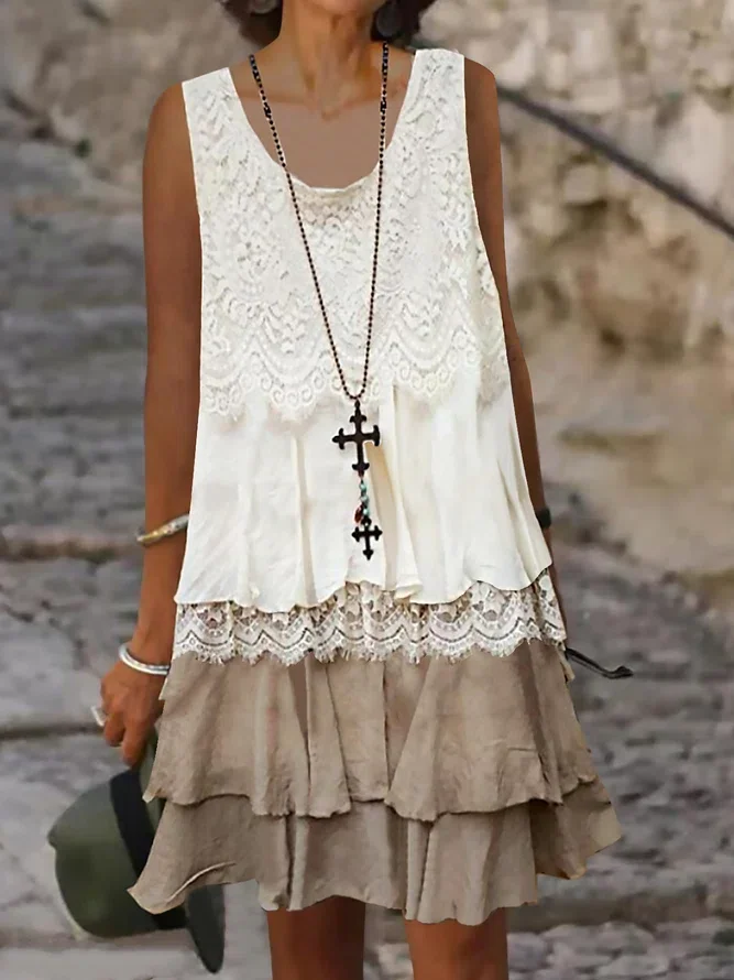 Solid U-Neck Sleeveless Woven Lace Dresses