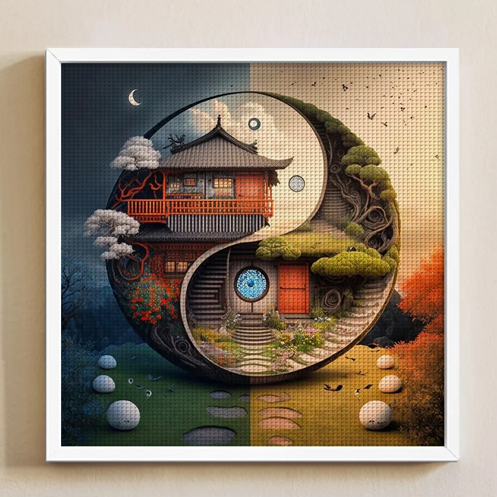 DIY Stamped Cross Stitch 11CT Full Embroidery 45*45cm - Tai Chi Diagram-Landscape Cabin