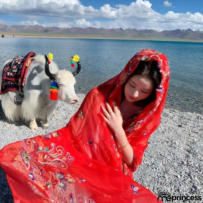 New Super Large Imitation Silk Embroidered Scarf Big Red Shawl with Flower Hat