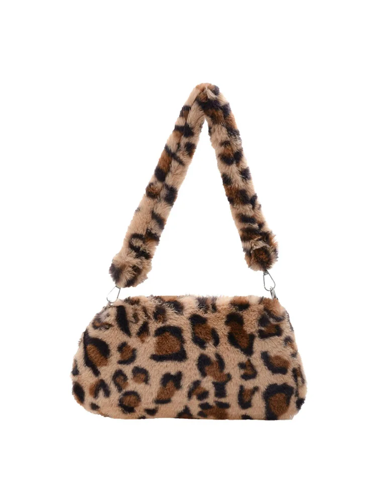 Portable Plush Shoulder Handbag Women Animal Print Underarm Bag Purse (6)